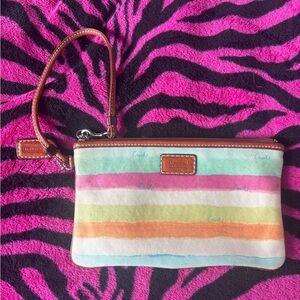 Coach Pastel Rainbow Striped Wristlet with Brown Leather Trim
